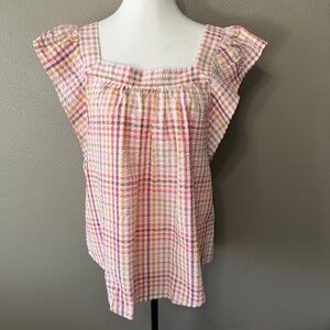 LOFT Dainty Feminine Babydoll Flutter Sleeve Gingham Plaid Pastel Blouse M